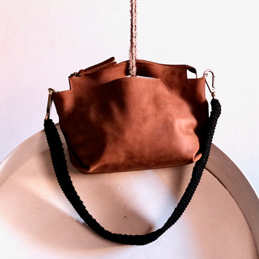 Ogda Shoulder Bag - Cognac with Black Macrame Strap